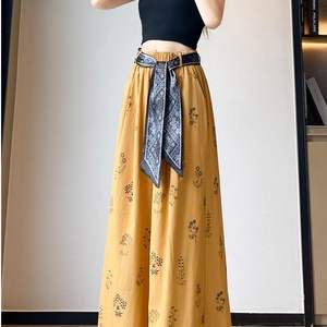 Pantalones holgados con estampado floral de verano para mujer, pantalones informales transpirables de gasa, color blanco, amarillo, azul marino - Product Image 3