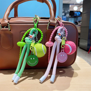 Colorful Tennis Ball Feather Bag Charm Key Chain Ins Face Hand Woven Nylon Rope Lanyard Phone Strap Backpack Pendant Keychain