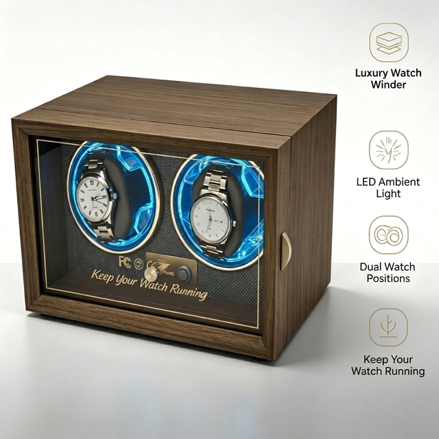 VIP Walnut Grain Watch Winder 2 Slots with Gold Hardware Luxury Golden Bezel for Automatic Watches with CE WCA Certified Case