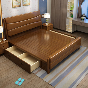 Lit double en bois massif 1,5m 1,8m avec rangement, lit de mariage pour chambre principale, meubles en bois d'hévéa, entièrement en bois massif - Product Image 3
