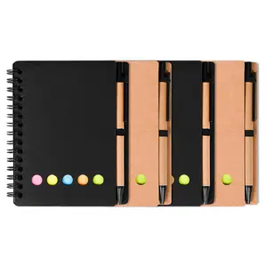 Benutzer definiertes Logo Günstige Spiral Notebook Kraft papier Cover Notepad mit Haft notizen und umwelt freundlichem Stift