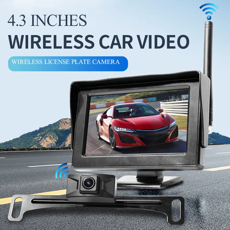 Waterproof HD 1080P 4.3 INCH Monitor with Wireless License Plate Backup Rear View Camera for Universal Car