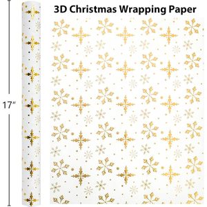 Christmas Wrapping Paper Roll 17in x 32.8ft <b>White</b> Gold Foil Snowflakes 3D Embossed Metallic Shine Gift <b>Wrap</b> for Holiday - Product Image 6
