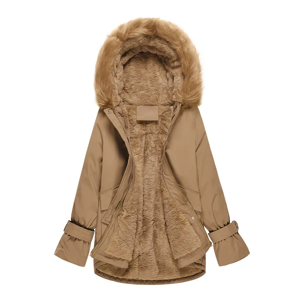 Aangepaste Hoge Kwaliteit Vrouwen Winter Outdoor Kleding Effen Kleur Parka Jas Furry Hooded Elegante Fleece Jassen Mode Dames