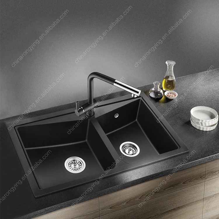 Évier de quartz noir, quartz simple d&amp;amp;amp;#39;évier de cuisine, évier de cuisine en pierre de quartz