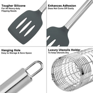 Juego de utensilios de cocina de silicona gris con mango de acero inoxidable, herramientas para cocinar y hornear con soporte metálico de almacenamiento - Product Image 5