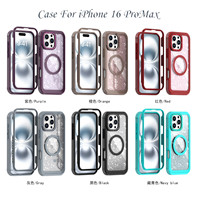 Housse magnétique antichoc pour téléphone portable 3 en 1 Defend Case pour iPhones 15 pro max/14 pro Glitter Phone Case with Back Clip