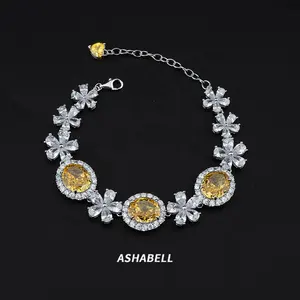 Customized Luxury 925 Silver Cubic Zircon Flower Yellow Zircon Ice Cut Bracelet CZ Tennis Chain Women Wedding Jewel