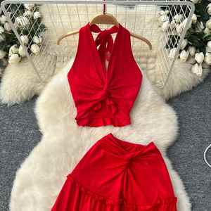 Conjunto de Verano para Mujer: Top Halter Tejido Sólido sin Espalda y Falda de Cintura Alta, Poliéster/Algodón Antiarrugas, Venta al por Mayor - Product Image 4