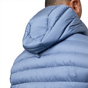 Blouson matelassé bleu à capuche pour homme, coupe-vent, fermeture éclair, décontracté, hiver, couleur unie, col montant, coupe droite - Product Image 5