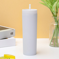 Modern portabel 16 oz ramah lingkungan Matte kurus dinding ganda cangkir jerami plastik dengan tutup Tumbler cangkir kopi botol plastik
