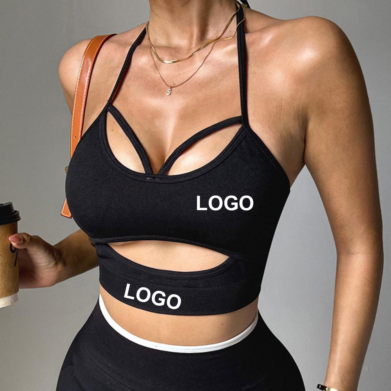 Women's Seamless Halter Neck Hollow High Support Sports Bra with Front Logo Sexy Backless Solid Color Fitness Yoga Bra