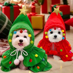 Disfraz de árbol de Navidad para mascotas, capa roja con capucha y sombrero de estrella, ajustable para perros y gatos, traje navideño de algodón - Product Image 6