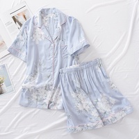 Pakaian Rumah Wanita Bahan Rayon Bernapas untuk Musim Semi dan Musim Panas, Set Piyama 2 Potong dengan Kardigan Kerah Lipat Lengan Pendek dan Celana Pendek