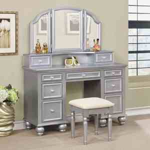 Transitional Style Solid Oak Wood 1pc Vanity W/ Stool Set Knob Handles Storage Drawers 3-Sided <b>Mirror</b> Silver Hotel Living Room - Product Image 1