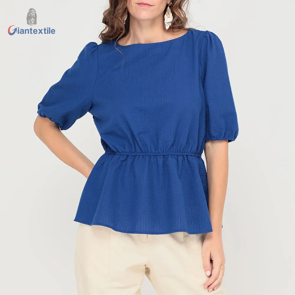 Giantextile New Design Women's Wear Polyester Cotton Navy Solid Fashion Seersucker Casual Women's Fashion Tops