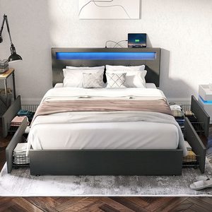 Cadre de <span class=keywords><strong>lit</strong></span> pleine grandeur à vente chaude avec lumières LED et ports USB <span class=keywords><strong>Lit</strong></span> rembourré avec tête de <span class=keywords><strong>lit</strong></span> réglable et tiroirs de rangement - Product Image 2