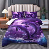 Ensemble de couette 3D dessin animé avec des planètes violettes et bleues, motif dauphins et baleines pour enfants, garçons et filles, thème océan, ensemble de literie 3 pièces