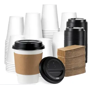 12 oz Disposable Thickened Paper Coffee Cups with Lids and Sleeves, To Go Hot Coffee Cups for Home, Office, Wedding and Cafes