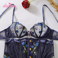 DIERLOVE Ensemble de Lingerie Brodé pour Femme 3 Pièces Soutien-Gorge à Armatures Culotte Corset Taille Haute Dentelle Florale Marque Privée Vente en Gros