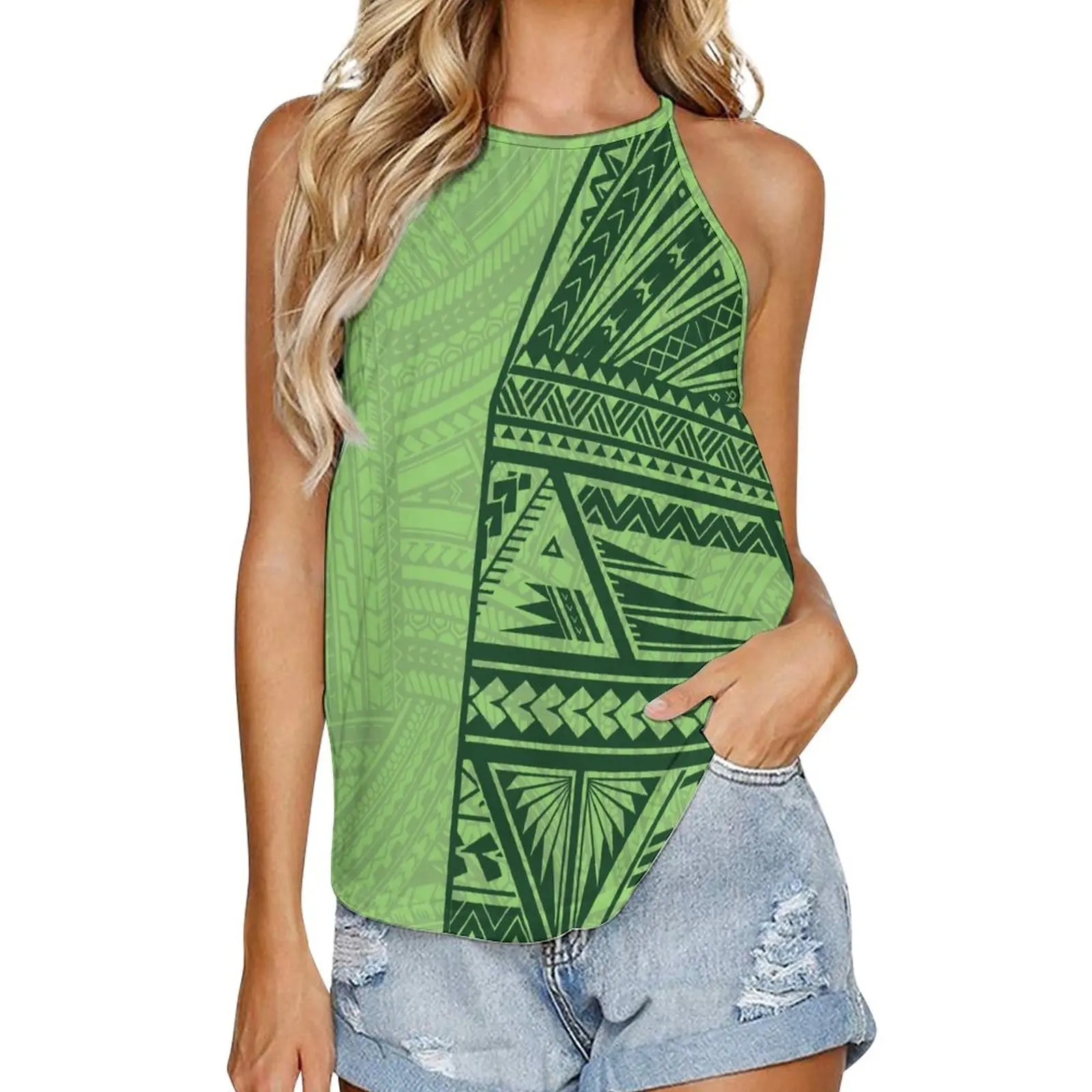dropshipping cheap women tank top polynesian tribal design green print sleeveless t shirt plus size ladies tank tops