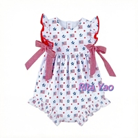 Combinaison pour bébé personnalisée avec drapeau américain pour le 4 juillet, bordure en ruban ric-rac, manches bouffantes, nœud latéral, combinaison à bulles, tenue pour tout-petit, robe
