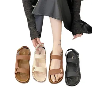 XAXAXTO sandal baru wanita pakaian luar musim panas warna solid tali pergelangan kaki terbuka sandal datar Velcro sandal pantai