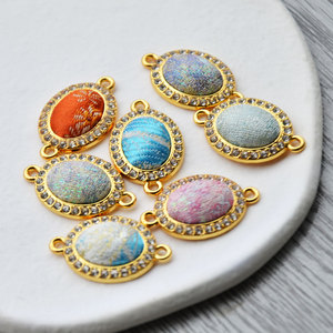 Oval Brocade Pendant <b>Copper</b> Plated 18k Gold Colorful Fabric Inlay For <b>Bracelet</b> Making Jewelry Findings Components - Product Image 1