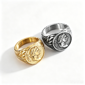 Anillo de Acero Inoxidable con Moneda Retro del Imperio Romano de Julio César, Bañado en Oro, Anillo de Exorcismo Perfecto del Arcángel San Claro - Product Image 2