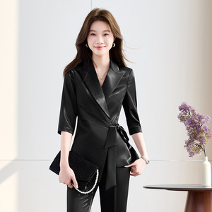 Women's Satin Suit Set Three Quarter Sleeve Breathable Office Lady Workwear Daily Commute Professional Attire - Product Image 3