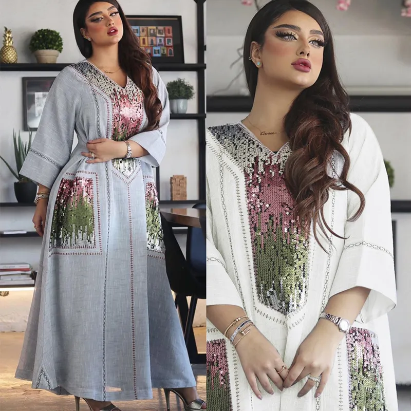 Sequins thêu Maxi Dress đối với phụ nữ Thổ Nhĩ Kỳ Arabic V cổ dài tay áo jalabiya hồi giáo dân tộc abaya 2023 EID