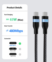 Câble de Type c Câble de Données Super Rapide en Nylon Tressé Haute Vitesse 65W Type c avec Lumière Mâle à Mâle Câble de Charge Usb c