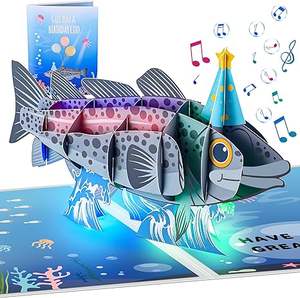 Funny Fish Themed 3D Pop up Musical Tarjetas de cumpleaños con luces y <span class=keywords><strong>canción</strong></span> de feliz cumpleaños para papá, hombres, pescador, él - Product Image 1