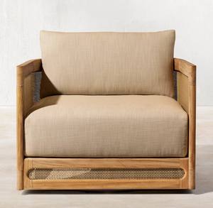 Sedia Lounge di Lusso in Legno di Teak con Schienale in Canna, Sedia Girevole da Esterno in Teak - Product Image 3