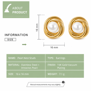 Boucles d'oreilles clous en acier inoxydable plaqué or 14 carats par électrolyse sous vide, motif nœud entrelacé, imitation perle, 16 mm - Product Image 2
