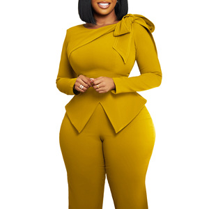 New Women's Solid Color Long Sleeve Tie Waist <b>Tops</b> Pants African 2 Piece Set Fashion - Product Image 1