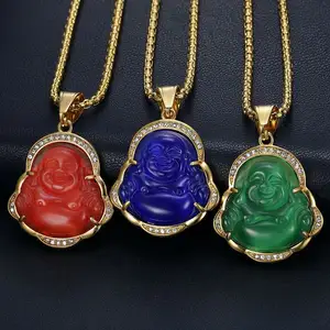 Colar de pingente de cristal, colar de aço inoxidável com borda de cristal, religioso, maitreya, esculpido, natural, jade, vermelho, buda