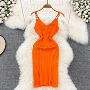Robe d'été décontractée en tricot uni <span class=keywords><strong>sans</strong></span> <span class=keywords><strong>manches</strong></span> à col en V pour femmes, robe fourreau mi-longue taille haute, <span class=keywords><strong>robes</strong></span> élégantes pour femmes, vêtements pour femmes - Product Image 3