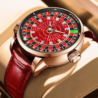 Montre mécanique automatique OEM ODM Roulette avec cadran rotatif de casino, cristaux baguette rouges, logo personnalisé, bracelet en acier inoxydable et cuir