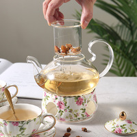 Service à thé en verre et céramique avec bougie chauffe-plat, théière chauffante avec filtre, une théière avec quatre tasses, pour le thé anglais de l'après-midi