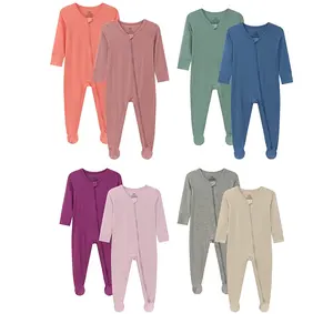 Tens of Custom Colors Stock and OEM Bamboo Baby Romper Footie or Footless Pajamas 2 Way Zipper Long Sleeve Sleeper
