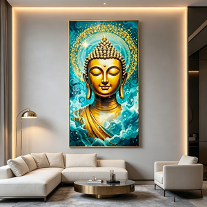 Wholesale <b>Framed</b> Glitter Wall Art Golden Buddha Head Teal Cloud Zen Religious HD Print Crystal Porcelain Painting for Home Decor - Product Image 2