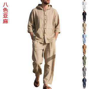 Nuovi <span class=keywords><strong>pantaloni</strong></span> lunghi da <span class=keywords><strong>uomo</strong></span> in <span class=keywords><strong>lino</strong></span> Casual da spiaggia con cappuccio per la primavera autunno Set di camicie con collo mandarino 2025 la vendita calda - Product Image 3