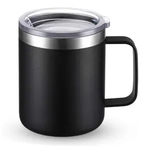 Copo térmico reutilizável de café 12oz, copo térmico de aço inoxidável isolado à vácuo com alça e tampa