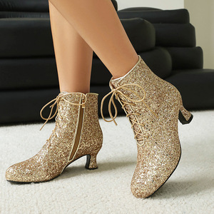 Botines con lentejuelas brillantes, con cordones delanteros y tacón bajo, zapatos de vestir para espectáculos y fiestas de Año Nuevo, botas sexys para mujer - Product Image 2