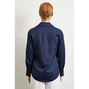 Chemise à motif diagonal pour femme, bleu marine, satin, boutonnée, classique, pour tous les jours - Product Image 1