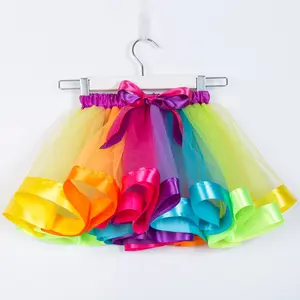 0-15 Years Wholesale Tulle Layered Rainbow Tutu Skirts Kid Girl Mini Skirt With Ribbon Children Kids Petticoats