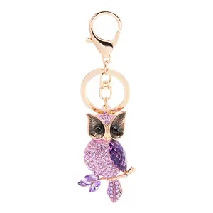 Wholesale crystal cartoon owl metal keychain accessories for girls' bags and pendants