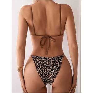 Ensemble de bikini personnalisé pour femmes, imprimé léopard, deux pièces, maillot de bain halter, extensible, spandex, polyester, soutien-gorge triangle - Product Image 4