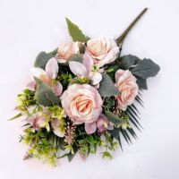 Bouquet artificiel en forme d'éventail, noué à la main, roses blanches, cymbidium, bouquet commémoratif, verdure mixte, fleurs en soie, centre de table pour la maison